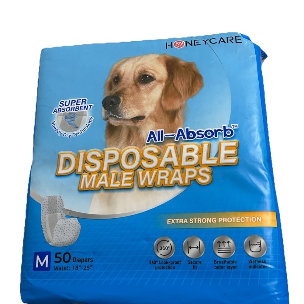 HONEYCARE All-Absorb 50 Count Disposable Male Wraps for Medium (18"-25") Dogs